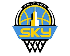 The logo for Chicago Sky contains a blue and yellow basketball in a basketball hoop, with the text "Sky" through the middle.