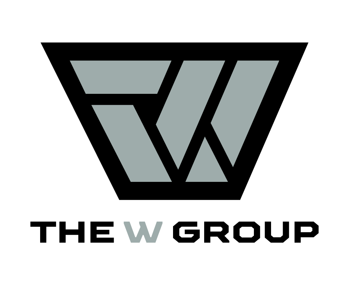 The logo for The W Group is a grey W-shaped logo with a black outline